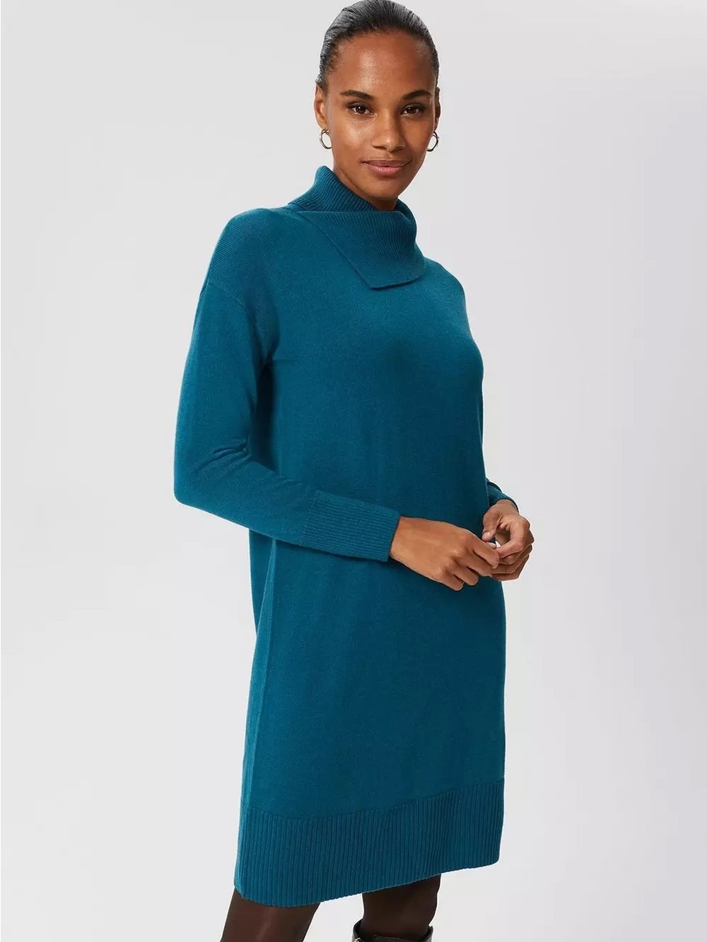 Hobbs London Wool Sweater Dress with Unique Mockneck - Teal, Size L